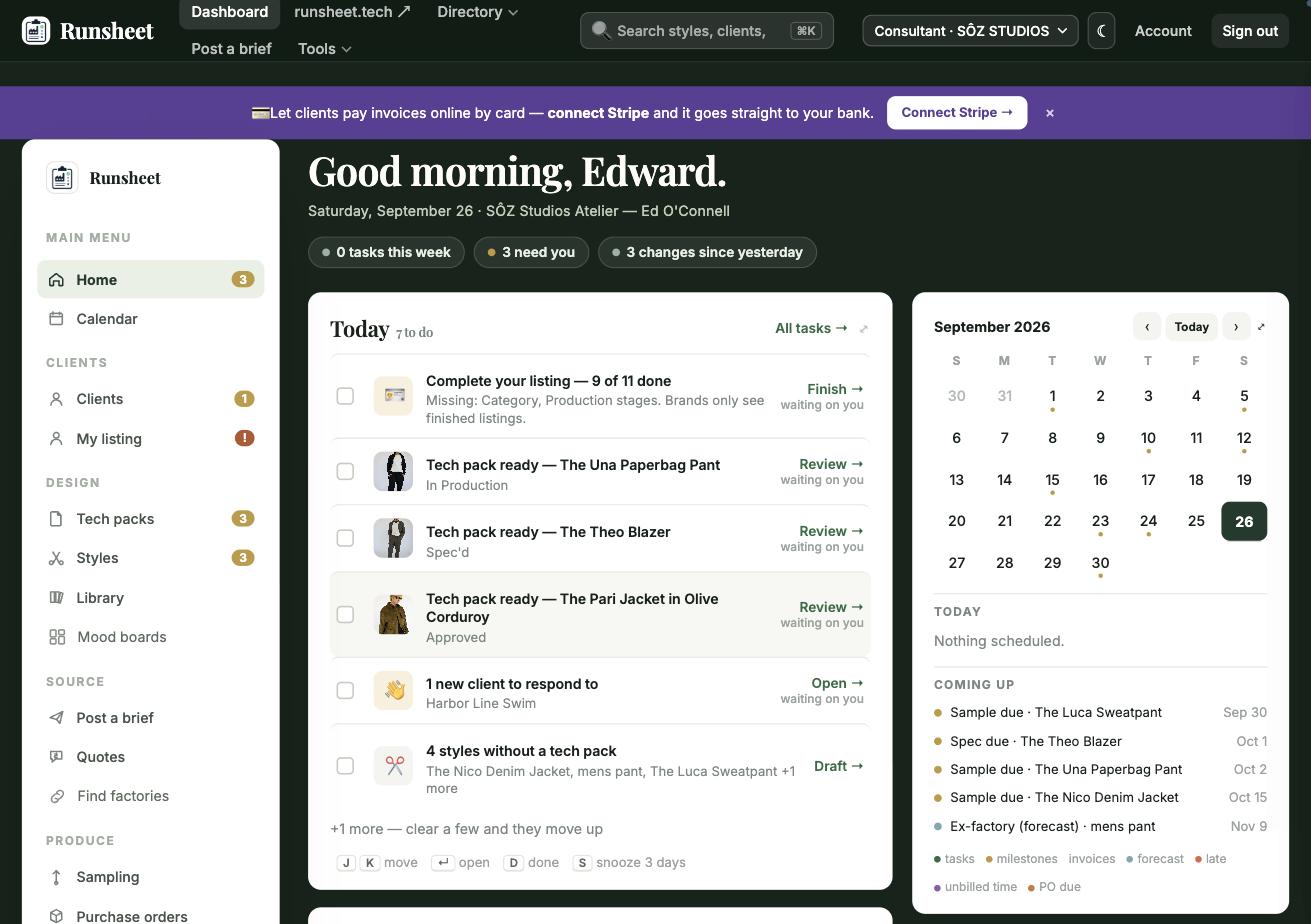 The Runsheet dashboard: styles, sampling projects and tech packs in one place.